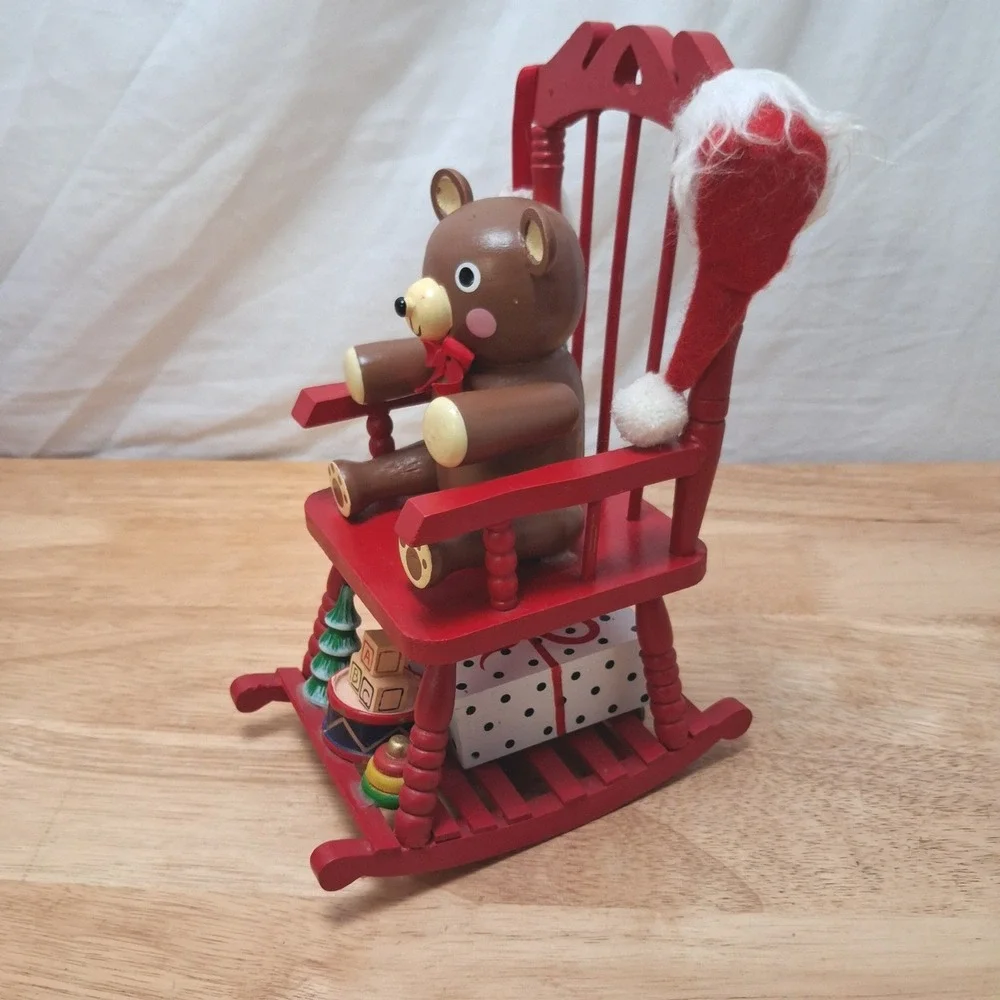 Vintage Teddy Bear Rocking Chair Musical Christmas Decor Red OS Good Pre-owned